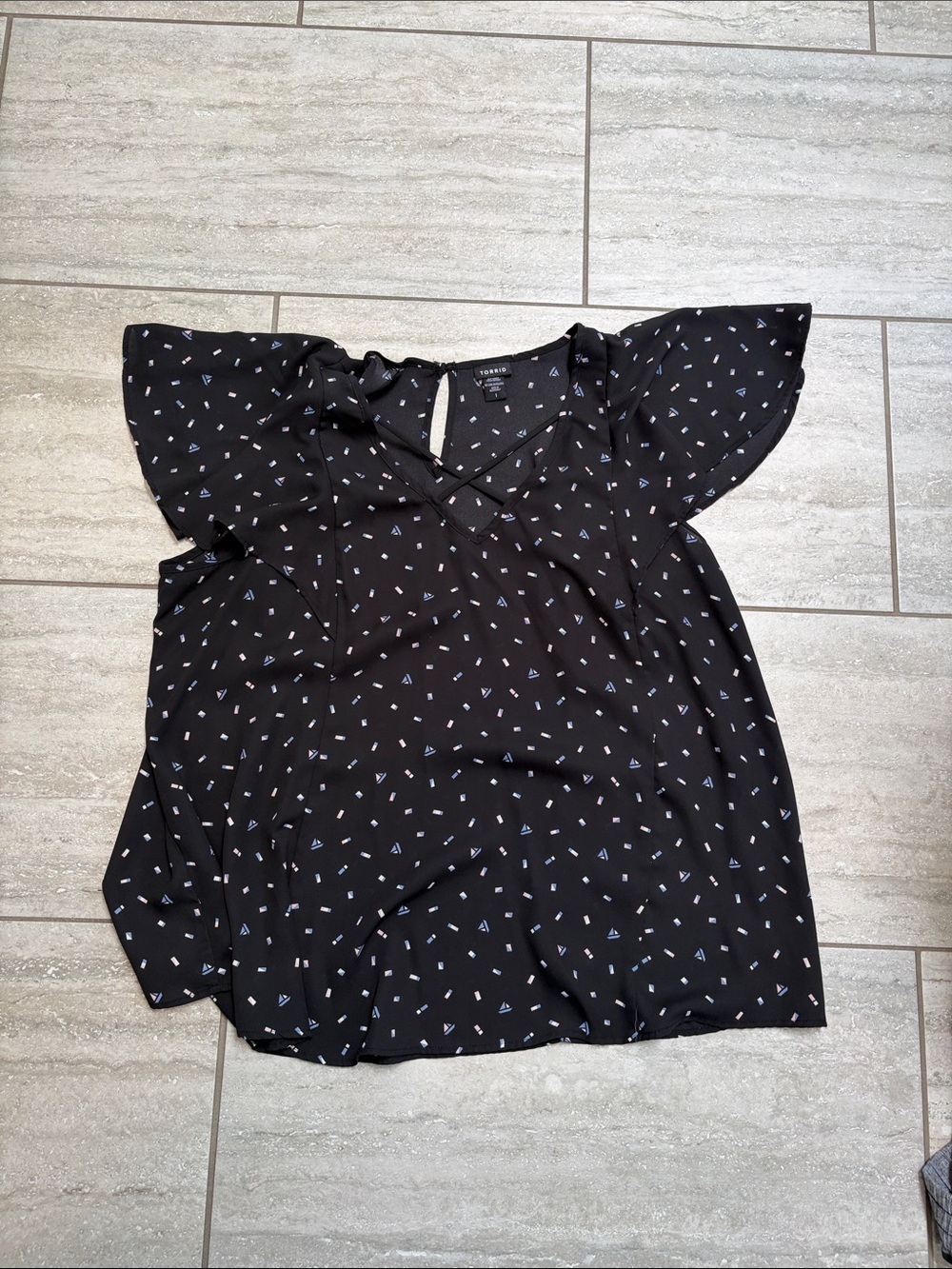torrid Black Flutter Sleeve V-Neck Top with Light Blue Print